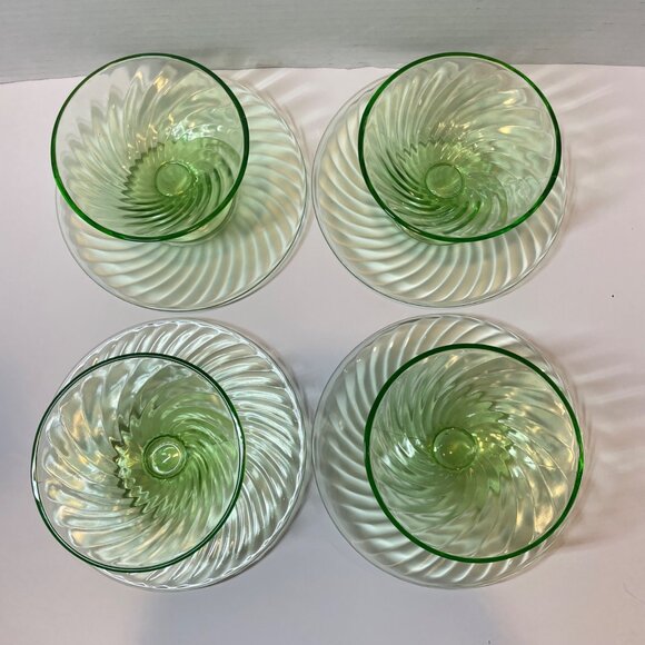 Vintage Green Spiral Depression Glass Dessert Sets - 4 Swirl Plates and 4 Matchi - Picture 5 of 15